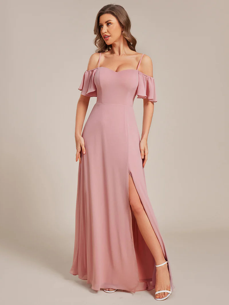 Dusty rose bridesmaid dress, off shoulder chiffon.